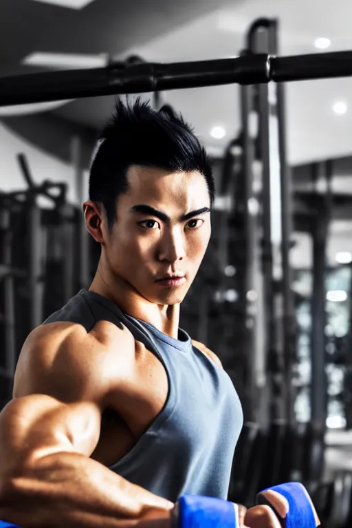 Image similar to Yasuo from League of Legends working out at the gym, photorealistic, highly detailed