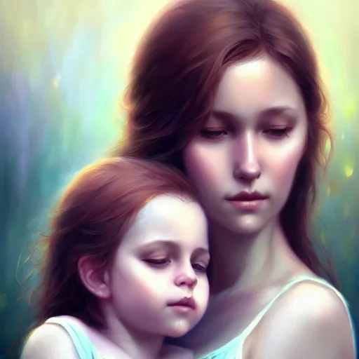 Image similar to love is patient love is kind, mother and child ; photorealistic oil painting by charlie bowater and mark blooms ; highly detailed cute faces by wlop ; trending on artstation