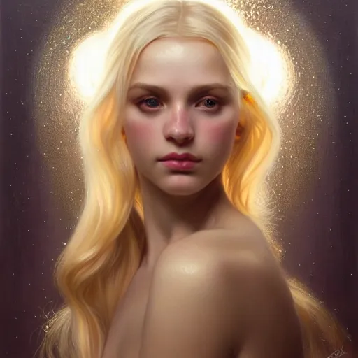 Image similar to portrait of a blonde girl surrounded by shimmering reflective, face, fantasy, intricate, elegant, dramatic lighting, highly detailed, lifelike, photorealistic, digital painting, artstation, concept art, smooth, sharp focus, illustration, art by John Collier and Krenz Cushart and Artem Demura and Alphonse Mucha and and Albert Aublet