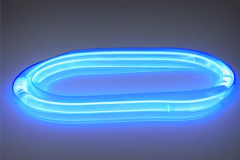 Prompt: horizontal wide transparent long clear dark blue plastic hyperloop pipe glowing in the dark