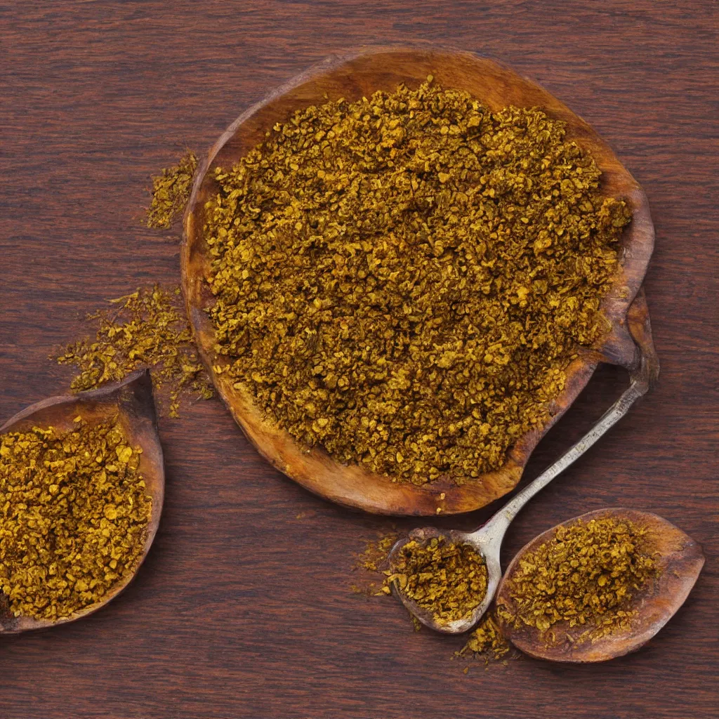 Prompt: close-up view of curry spice on top of a wooden table, 8k, high detail, photorealistic, proper shading