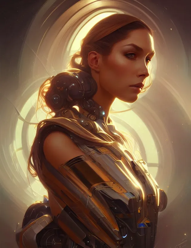 Image similar to futuristic woman portrait, sci-fi, amber eyes, face, long hair, fantasy, intricate, elegant, highly detailed, digital painting, artstation, concept art, smooth, sharp focus, illustration, art by artgerm and greg rutkowski and alphonse mucha