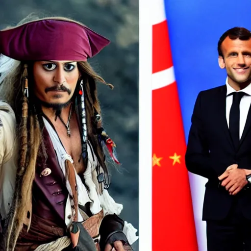 Image similar to photo of emmanuel macron as captain jack sparrow, full body shot, sharp focus, award - winning