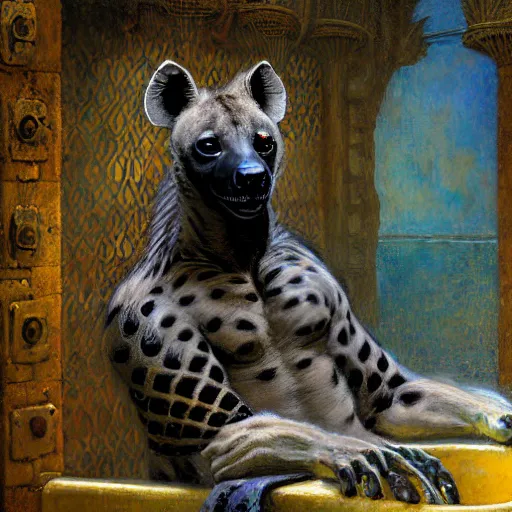 Image similar to portrait of a male hyena in a public bath. shadowrun furaffiniy cyberpunk fantasy highly detailed painting by gaston bussiere craig mullins jc leyendecker gustav klimt artgerm greg rutkowski john berkey, bergey, craig mullins, ruan jia, raymond swanland, jeremy mann, tom lovell, alex malveda