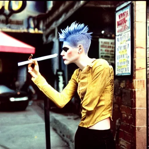 Image similar to androgynous punk smoking cigarette outside bar, photo kodachrome