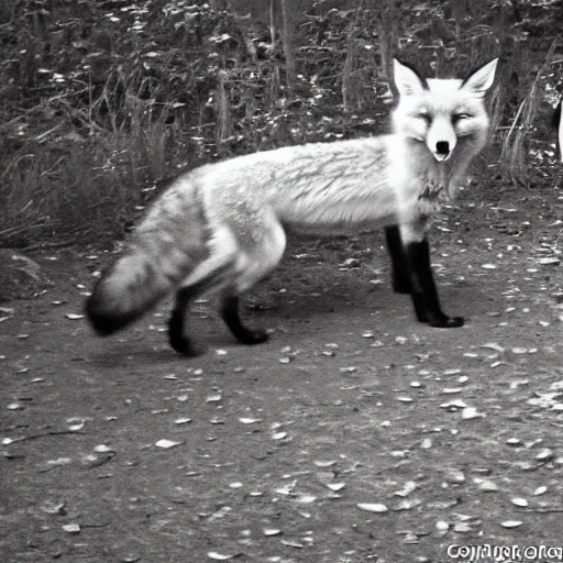 Prompt: trailcam footage of a fox dancing with a cat. night vision, fast shutter speed. caught on camera