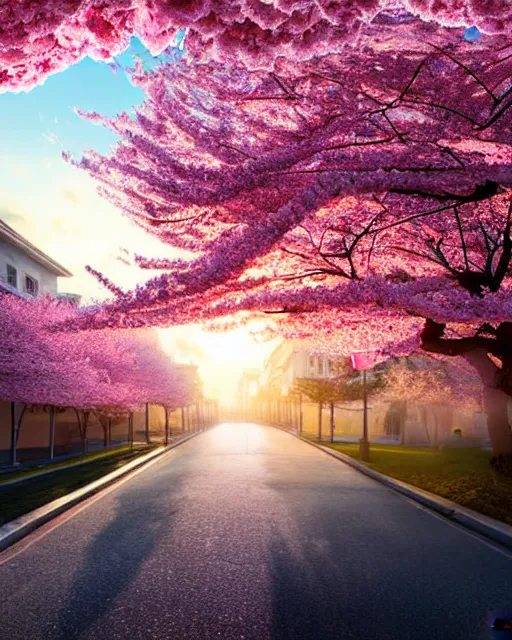 Image similar to hyperrealistic matte painting of cherry blossoms melting! goo! robert steven connett hard daylight 8k high angle shallow depth of field