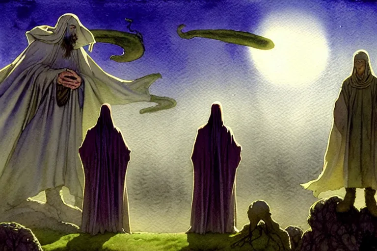 Prompt: a realistic and atmospheric watercolour fantasy character concept art portrait of a three christians wearing robes standing in front of a lovecraftian grey alien. they are emerging from the mist on the moors of ireland at night. a ufo is in the sky. by rebecca guay, michael kaluta, charles vess and jean moebius giraud