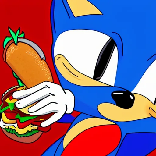 Prompt: fast sonic the hedgehog eating a hamburger, drawn by artgerm