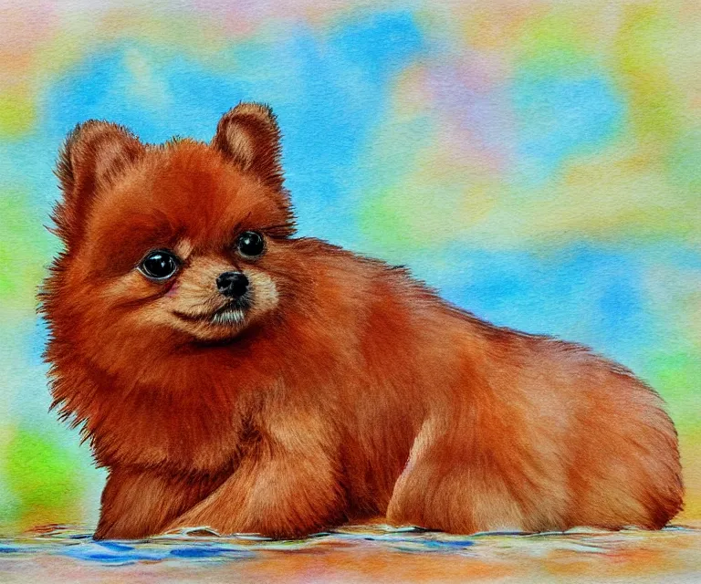 Prompt: brown pomeranian, cute, water painting