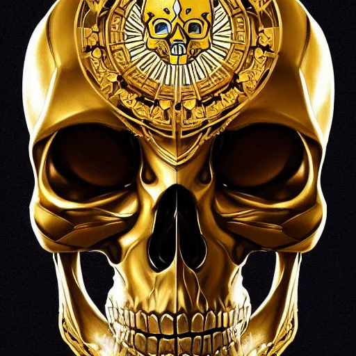 Image similar to symmetry!! portrait of a golden! skull trooper from fortnite, intricate, elegant, highly detailed, digital painting, artstation, concept art, smooth, sharp focus, illustration, art by artgerm and greg rutkowski and alphonse mucha