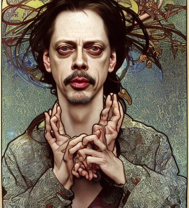 Image similar to detailed closeup portrait of steve buscemi by alphonse mucha, ayami kojima, yoshitaka amano