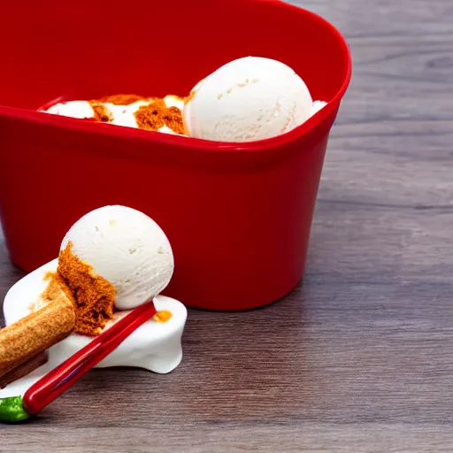 Image similar to Spicy Ice cream container, store shelf, red, hd photo, 4k