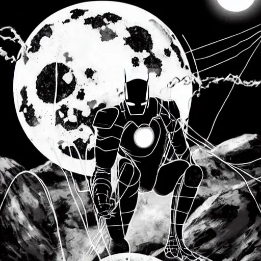 Prompt: black and white sad iron man with wires eat banana on hands on the destroed moon, wires earth background, by tsutomu nihei