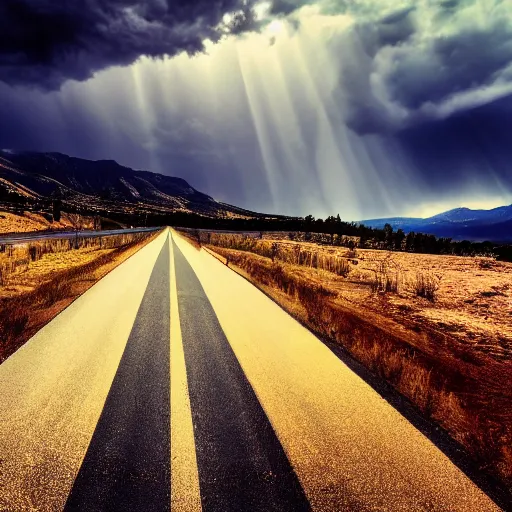 Prompt: black trans - am driving towards the camera, mountain, valley, breathtaking mountains, lake, dynamic, sunrise, cinematic, motionblur, sunbeams, volumetric lighting, wide shot, low angle, large lightning storm