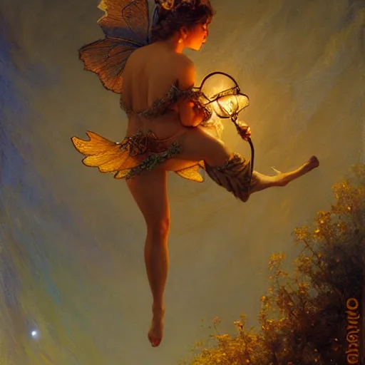 Prompt: attractive fairy magically floating high in the night, fantasy, full moon in background. highly detailed painting by gaston bussiere, craig mullins, j. c. leyendecker, sharp focus, 8 k