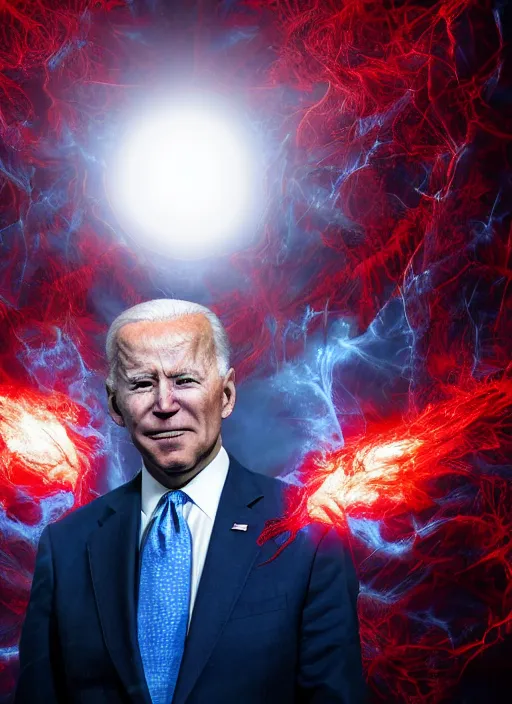 Image similar to hyper realistic ultra realistic chaos magic photo furious red glowing eyes biden, high quality photo, detailed , 8k