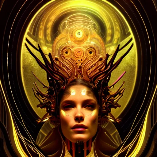 Image similar to extremely psychedelic beautiful cyborg god infected by night. intricate, elegant, highly detailed, extremely lifelike photorealistic digital painting, artstation. steichen, gaston bussiere, tom bagshaw, cyberpunk alphonse mucha. elegant minimalism. anatomically correct. sharp focus. black and gold. surreal lush cosmic hallucination