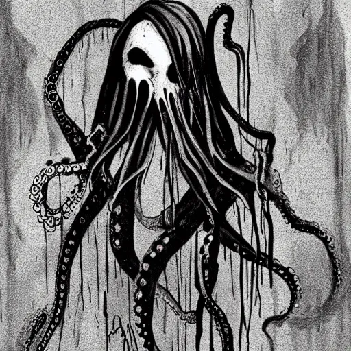 Image similar to grunge drawing of an octopus in the style of the grudge | horror themed