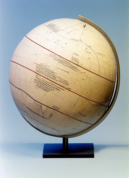 Image similar to realistic photo of a scientific model of an ugly rough globe made of white clay with wooden details, front view 1 9 9 0, life magazine reportage photo, metropolitan museum photo