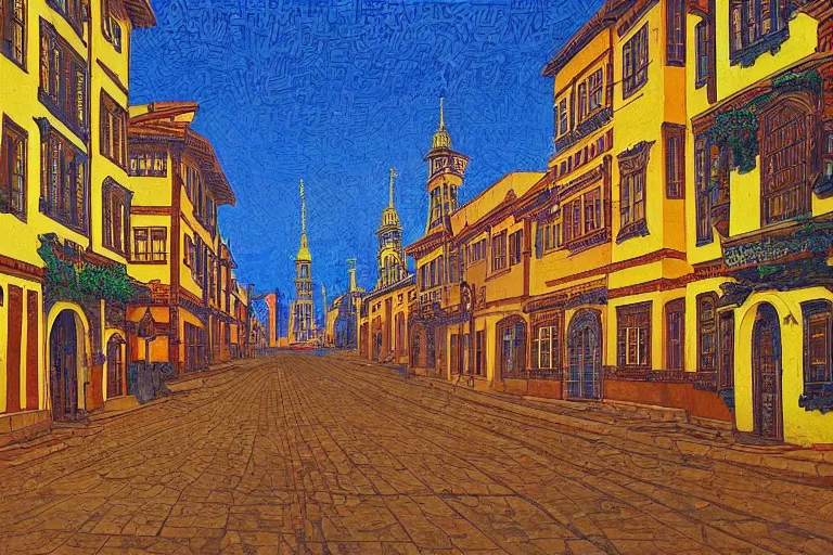 Image similar to tree-lined street in a very old very beautiful city by Gustav Bauernfeind and Nicholas Roerich, ornate wrought iron, strong dramatic cinematic lighting , colorful tiled architecture, lost civilizations, smooth, sharp focus, extremely detailed