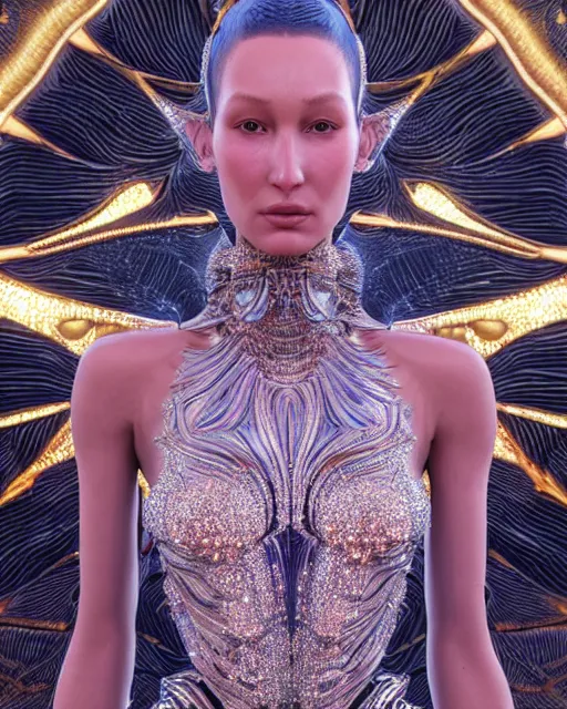 Image similar to a highly detailed metahuman 4 k close up render of an alien goddess bella hadid as alien in iris van herpen dress schiaparelli in diamonds crystals swarovski and jewelry iridescent in style of alphonse mucha gustav klimt trending on artstation made in unreal engine 4