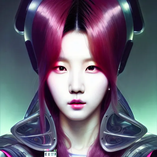 Image similar to portrait painting of kpop artist sunmi as a cyberpunk technician, ultra realistic, concept art, intricate details, eerie, highly detailed, photorealistic, octane render, 8 k, unreal engine. art by artgerm and greg rutkowski and magali villeneuve and alphonse mucha