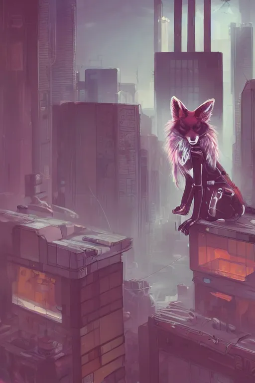 Image similar to a cyberpunk anthropomorphic fox with a fluffy tail staring over a futuristic city from the top of a roof, comic art, trending on furaffinity, cyberpunk, backlighting, cartoon