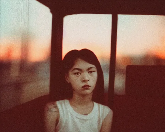 Image similar to lomo photo of shy goth girl sitting in empty bus, sunset, cinestill, bokeh