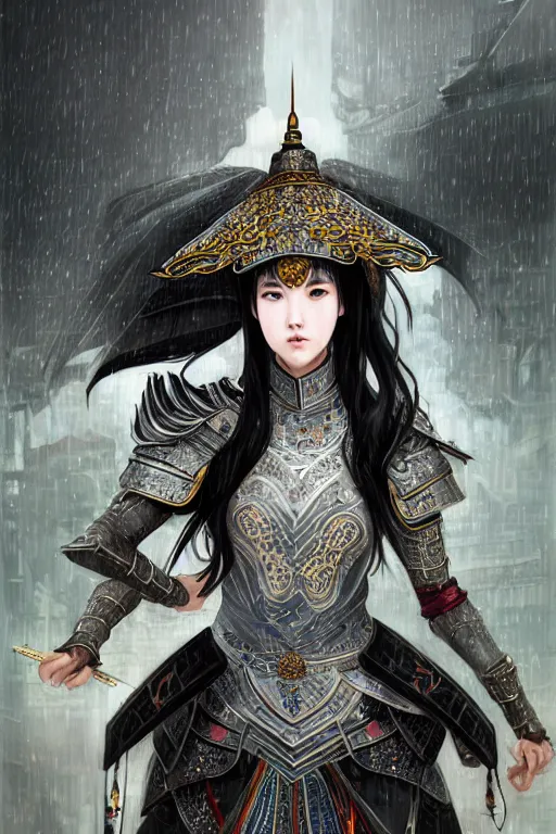 Image similar to portrait black hair young knights of Dynasty Warriors girl, matt white color armor, in ruin chinese temple rooftop heavily rain magic night, ssci-fi and fantasy, intricate and very beautiful and elegant, highly detailed, digital painting, soft light, artstation, concept art, smooth and sharp focus, illustration, art by tian zi and WLOP and alphonse mucha