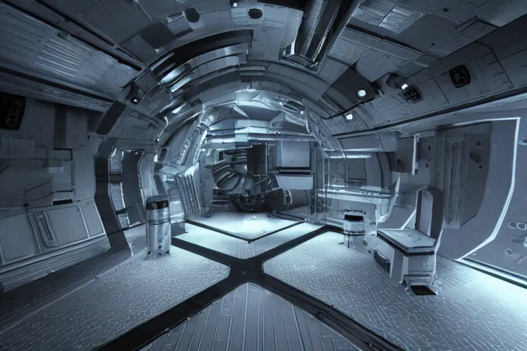 Image similar to interior of a space shp, cryogenic pods, giger stye, volumetric lighting, atmospheric