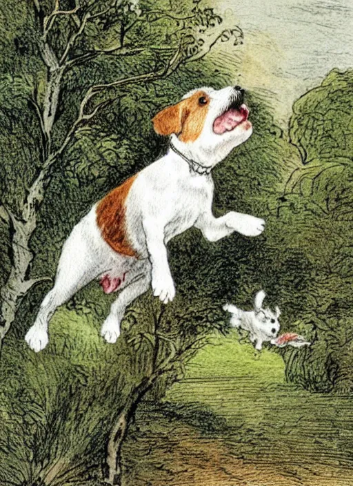 Image similar to jack russel terrier jumping from the ground over a small tree, illustrated by peggy fortnum and beatrix potter and sir john tenniel