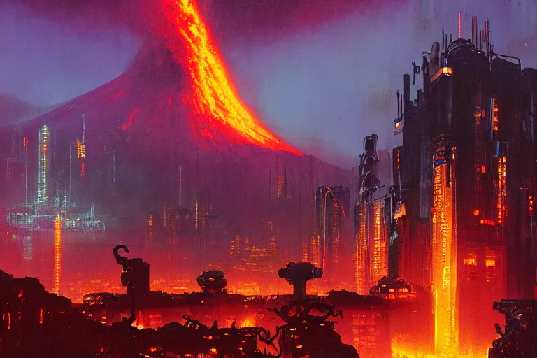 Image similar to a cyberpunk city in the heart of a volcano, lava flowing, smoke, fire, industrial, by paul lehr