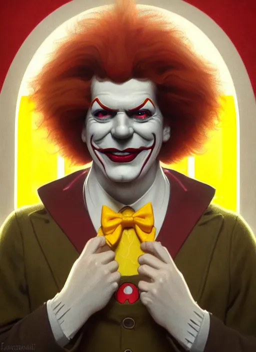 Image similar to close up portrait of ronald mcdonald, yellow jumper with white collar, sinister by artgerm, cushart krenz, greg rutkowski, mucha. art nouveau. gloomhaven, golden arches logo, pale colors, sharp edges. ultra clear detailed. 8 k. elegant, intricate, octane render