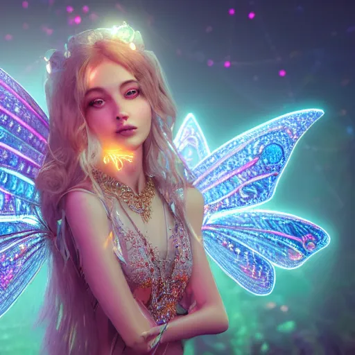 Image similar to portrait of fairy princess, glowing, ornate and intricate jewelry, jaw dropping beauty, glowing background lighting, white accent lighting, hyper detailed, fairy tale, 4 k octane render