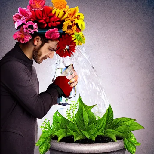 Image similar to man pouring water on head, flowers are in a pot on his head, the pot is part of his head, high detail, 8K digital art