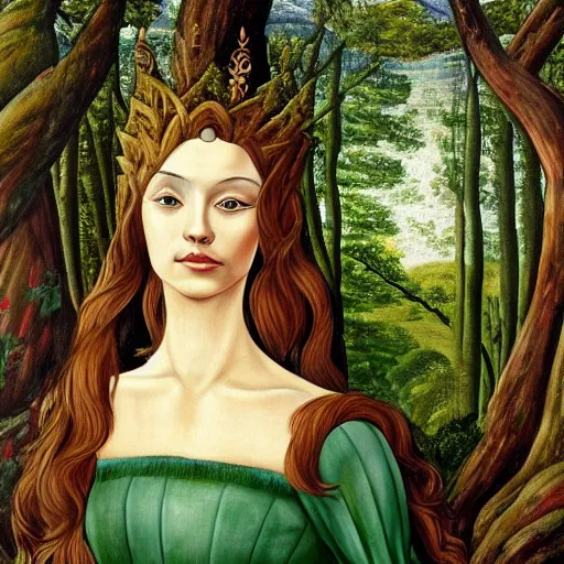 Image similar to Portrait of an elven king in a lush forest. Oil painting in the style of Botticelli. Fantasy art. 4k.