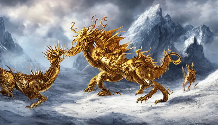 Image similar to golden dragon in a nordic landscape under bright daylight with fluffy clouds, set in the world of Guildwars2, painted by Hans Fredrik Gude, Greg Rutkowksi and Artgerm, concept art 2022, ultra realistic masterpiece, contrasting details vs blank areas, oil on canvas