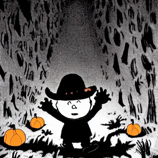 Image similar to pumpkin monster in the blair witch project, charlie brown and linus, night time, ominous,
