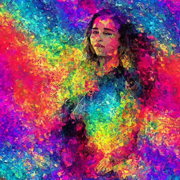 Image similar to Emilia Clarke, beautiful digital art, trippy rainbow art