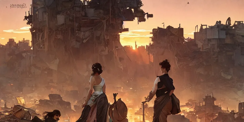 Image similar to broken window in foreground!! garbage dump, city is pure wasteland, sunset in background, detailed characters, alphonse mucha, greg rutkowski, trending on artstation, artgerm, breathtaking, sharp focus, smooth, mark arian, award winning, highly detailed 4 k art