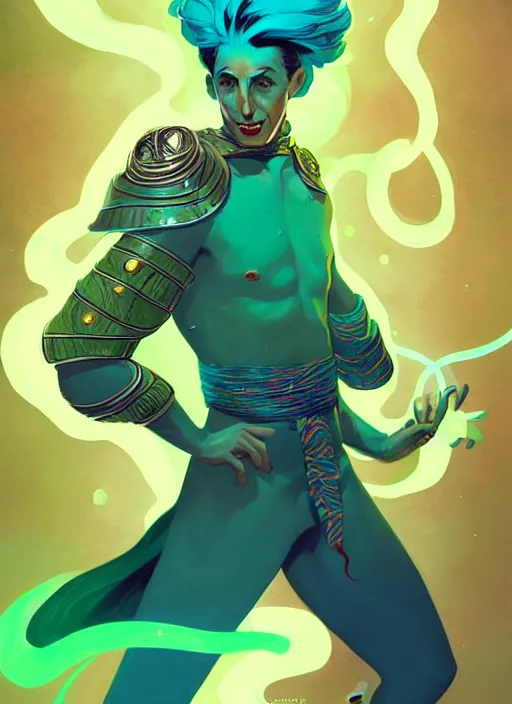 Image similar to style artgerm, joshua middleton, illustration, pee wee herman as a warrior monk wearing green pelt light armor, blue hair, swirling water cosmos, fantasy, dnd, cinematic lighting