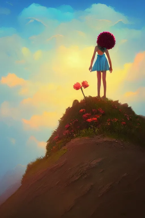 Image similar to closeup, giant flower head, girl standing on cliff, surreal photography, sunrise, blue sky, dramatic light, impressionist painting, digital painting, artstation, simon stalenhag