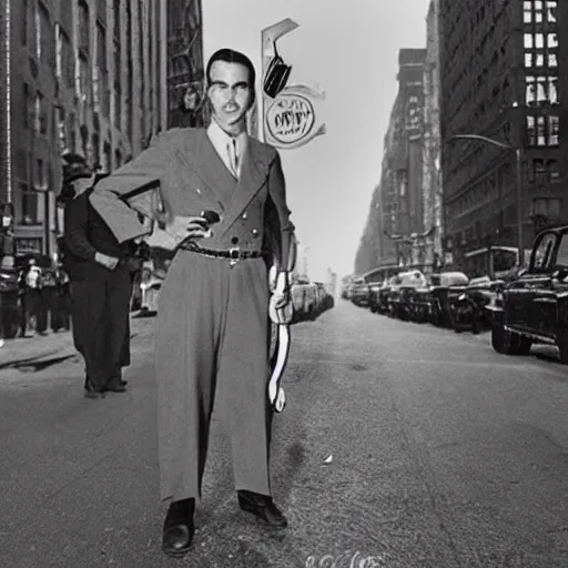 Image similar to super Mario standing in the streets of 1940s new york