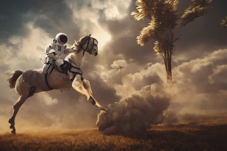 Image similar to astronaut is under the horse, 4 k, ultra details, cinematic, epic style, beautiful photo, hyper realistic, octane render, unreal engine, award winning, on artstation, volumetric lightning, masterpiece, golden hour,