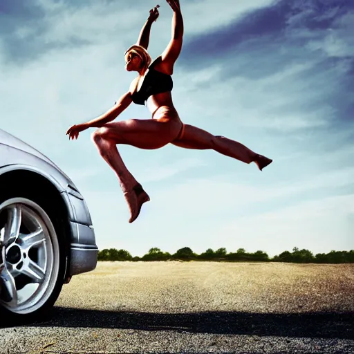 Prompt: car jumping, bodybuilder, woman, photo, digital art, hands, underbody, tire, throw, standing