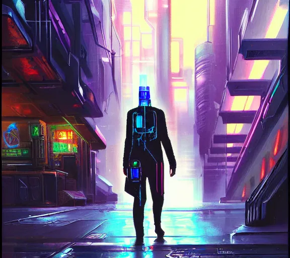 Prompt: a painting of a cyberpunk netrunner, street level