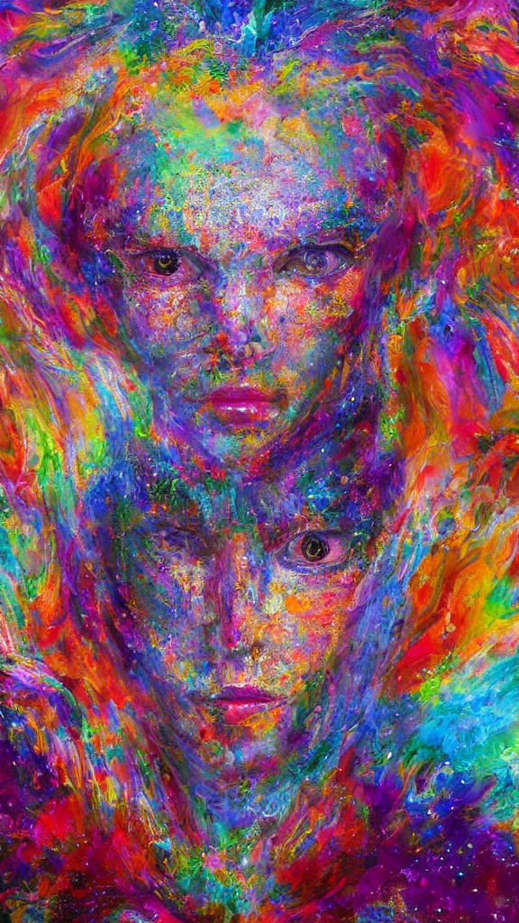 Image similar to hyperrealistic abstract close-up female! portrait Renaissance psychedelic!! celestial happy! pure creature!! peaceful! kind spirit of nature! beautiful fractal!! eyes! highly detailed concept art eric zener elson peter cinematic hard rainbow lighting high angle hd 8k sharp shallow depth of field endless, inspired by Zdzisław Beksiński Salvador Dali