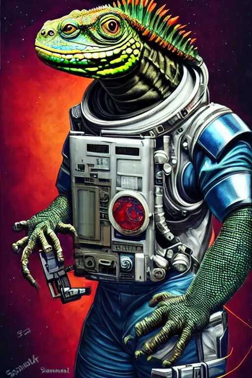 Prompt: a portrait of a muscular anthropomorphic cyberpunk iguana! space mechanic in spacesuit armor with a large head by sandra chevrier, by jon foster, detailed render, pistol in holster, tape deck, epic composition, cybernetics, 4 k realistic, cryengine, realistic shaded lighting, sharp focus, masterpiece, by enki bilal