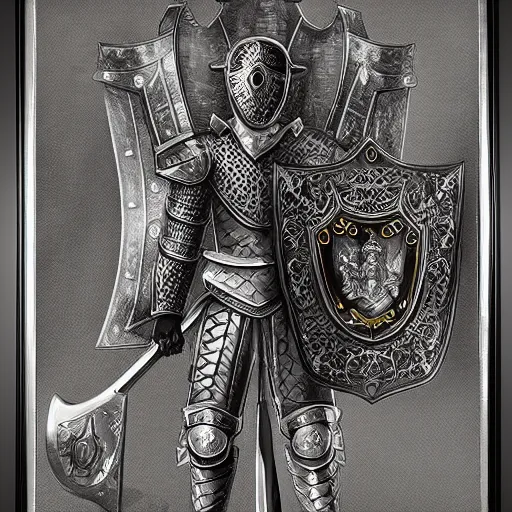 Image similar to an ultra detailed ornate digital painting of a knight in engraved and inlayed plate armor carrying a sword and shield in a battle pose with a castle in the background